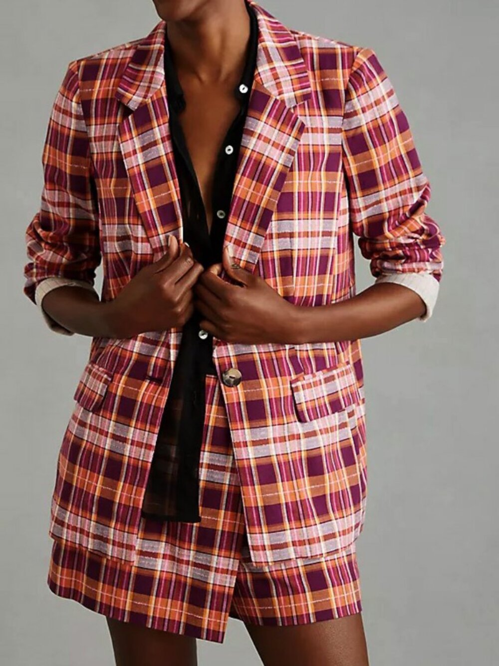 New Anthro Maeve Cotton Blend Fall Plaid Blazer Orange Purple 2 $170